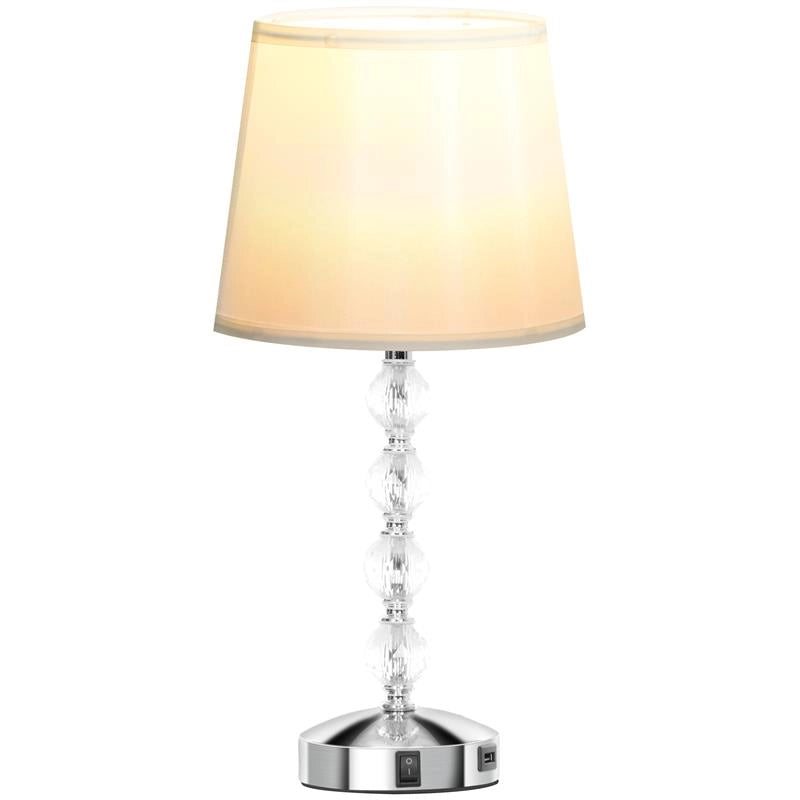 LAMPADA DA TAVOLO CON CRISTALLI E PORTA USB IN METALLO VETRO E POLIESTERE Ø 23X45 CM BIANCO E ARGENTO