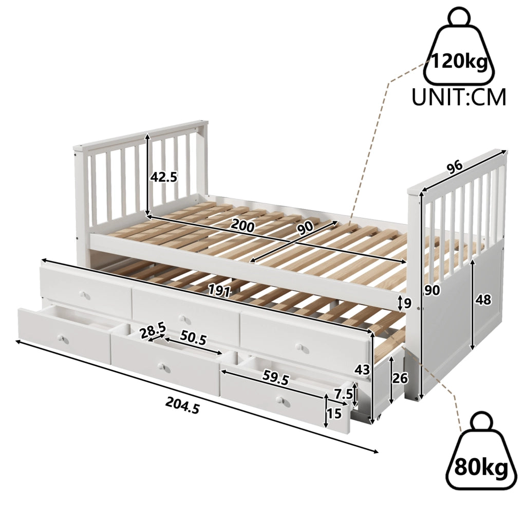 Letto singolo con letto estraibile e 3 cassetti 90x200 cm in legno di pino e MDF bianco