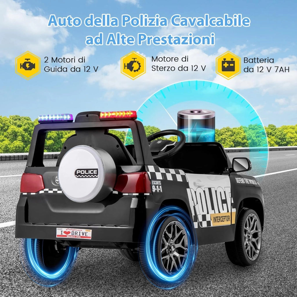 Auto della Polizia per Bambini, Macchina Elettrica 12V con Telecomando Connessione Wireless Musica Clacson Sirena e Luci LED, per Bambini 3-8 Anni