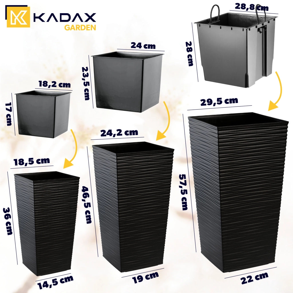 Set di 3 vasi da fiori KADAX, vasi da giardino + inserti, alti e grandi, neri, 37+47+57 cm