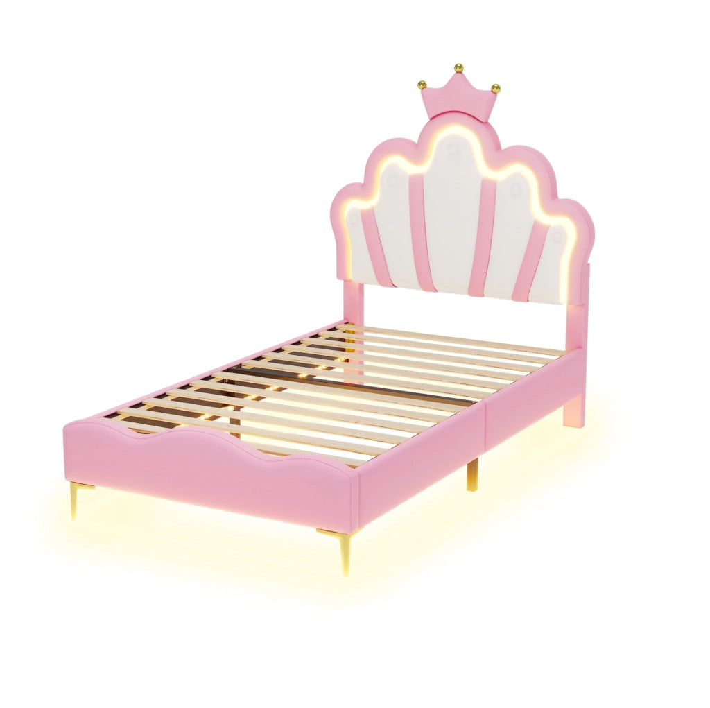 Letto singolo 90x200 cm con LED e testiera a nuvola; PU; rosa