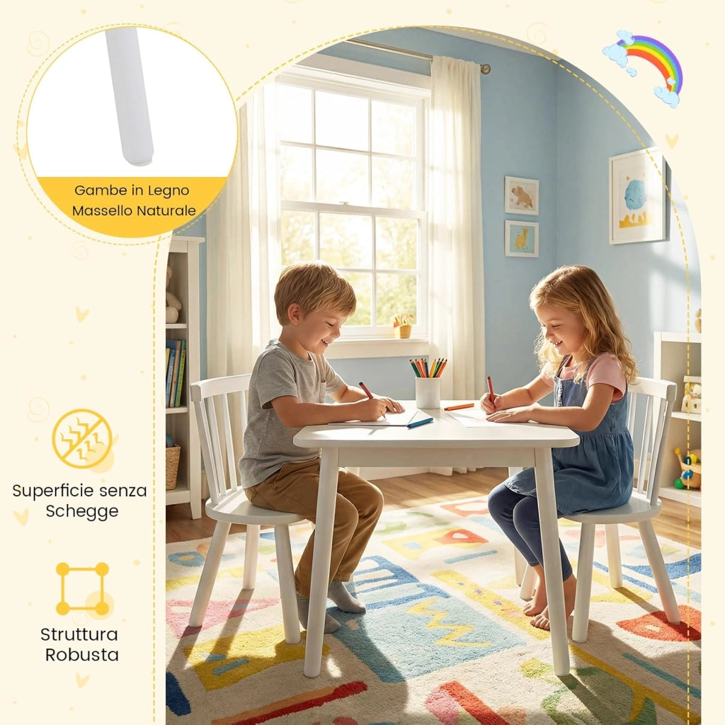 Set Tavolo e 2 Sedie per Bambini, Tavolo Attività con Schienali a Spindola Curvi, Sedute Rotonde e Gambe in Legno Massello, Tavolino per Bambini 3+ Anni per Disegno, Gioco e Studio (Bianco)