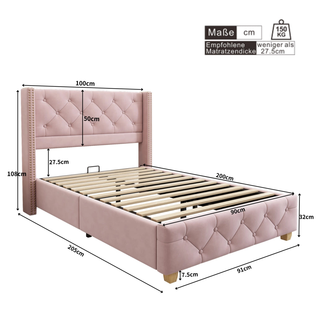 Letto imbottito 90x200 cm; testiera capitonn茅 e finiture borchiate; velluto rosa (Senza materasso)
