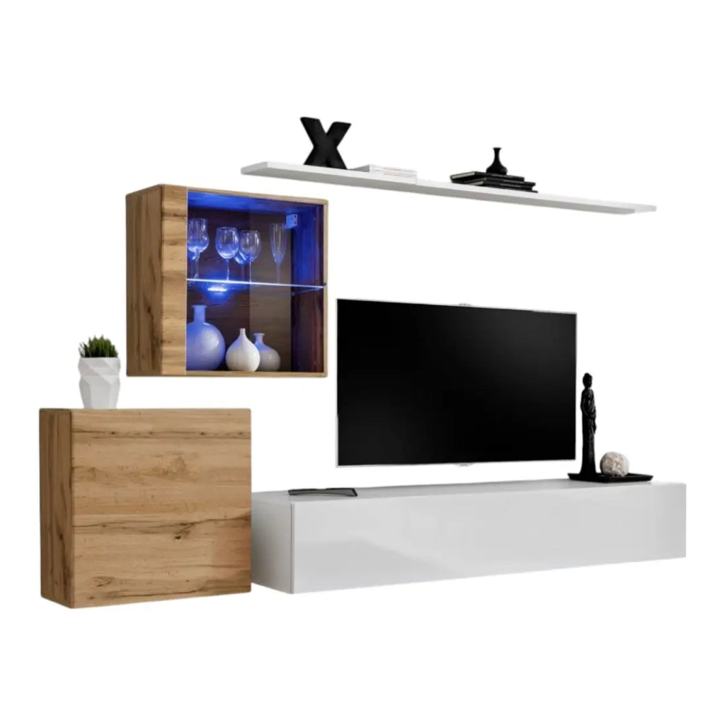 Mobile da soggiorno da parete SWITCH XV design, colore bianco lucido e rovere Wotan.