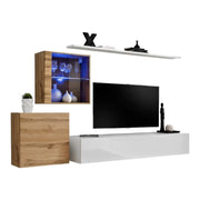 Mobile da soggiorno da parete SWITCH XV design, colore bianco lucido e rovere Wotan.