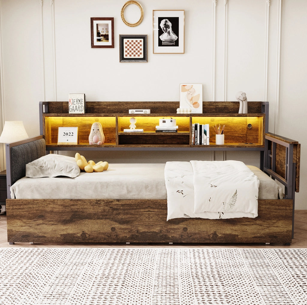 Letto singolo multifunzione 90x200 cm con scrivania, LED, prese e cassetti