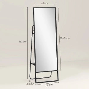 Specchio a figura intera industriale con ripiano posteriore e 2 ganci, 157 x 50 cm, nero