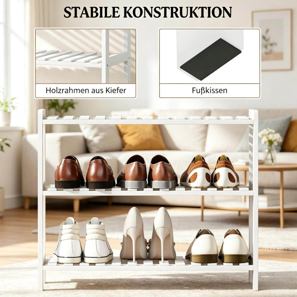 Scarpiera 70x26x57，5 cm in pino e MDF bianco， 3 ripiani per ingresso