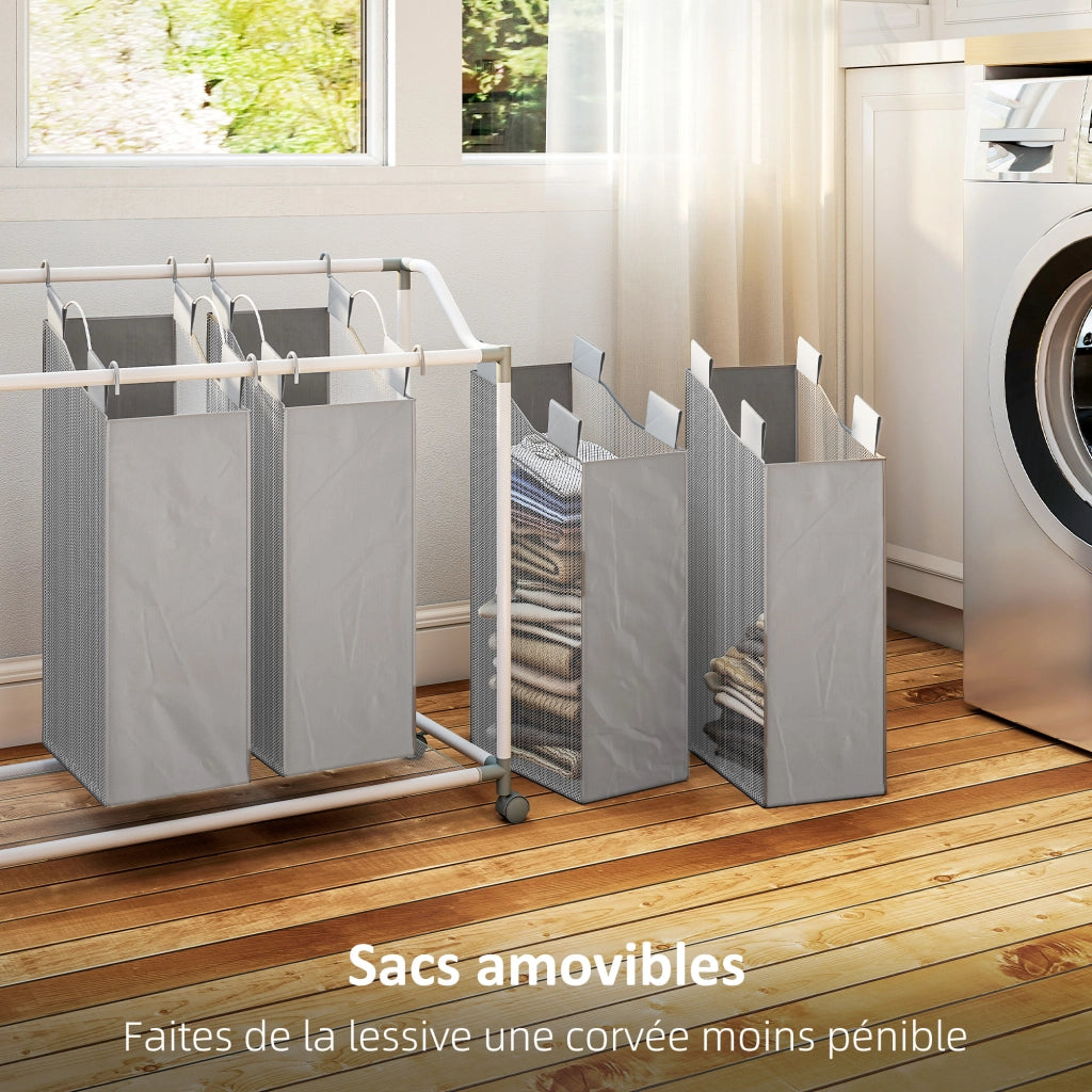 Carrello per bucato mobile con 4 sacchetti ¨C zephmum ¨C grigio 97x38x81 cm