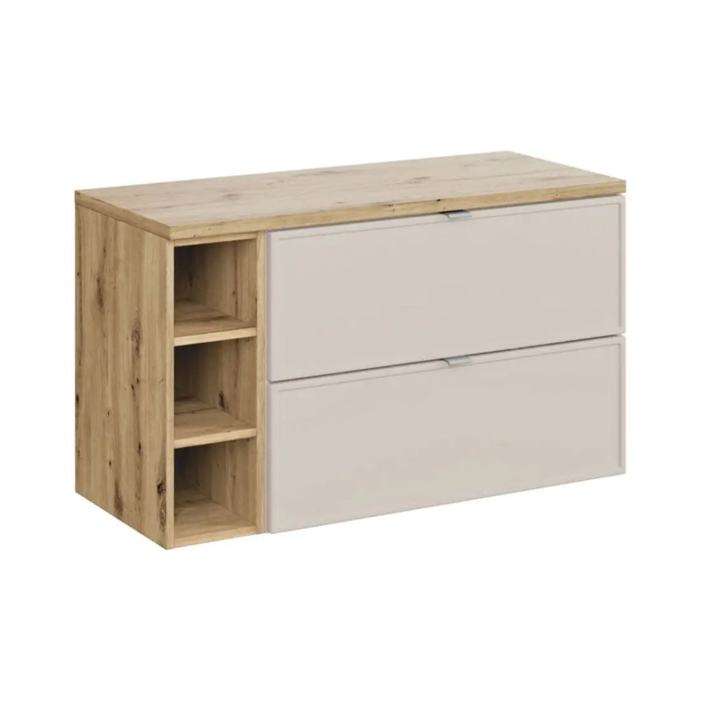 Set da bagno BRAZZA: mobili sotto lavabo cachemire 100cm con nicchie a vista + piano per lavabo effetto legno