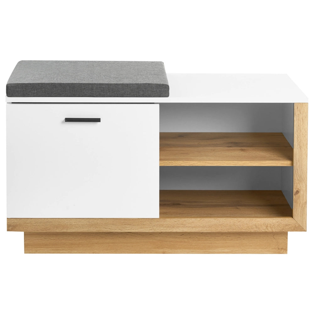Set da ingresso: mobile portaoggetti in truciolato bianco con panca porta scarpe e ganci appendiabiti, stile moderno minimalista