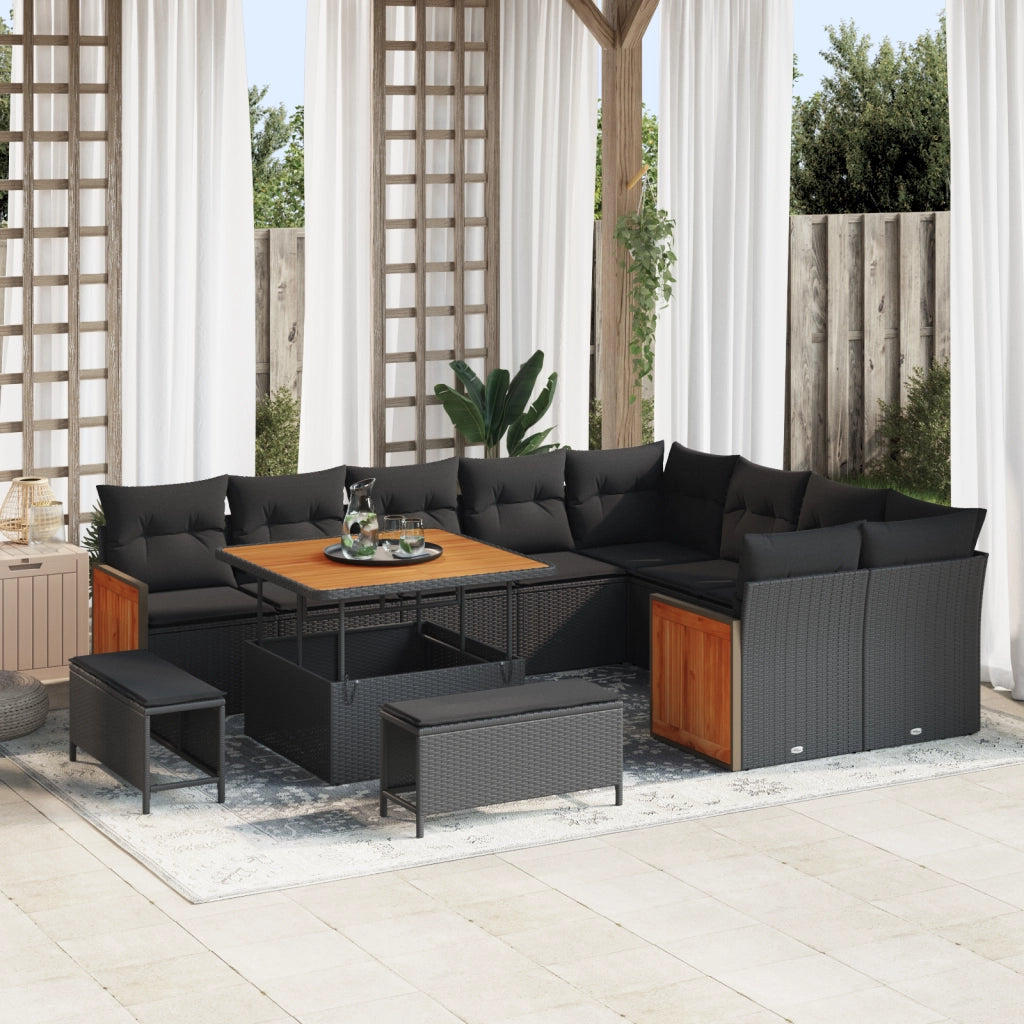 Set di Divani da Giardino  12 Pezzi con Cuscini Polyrattan Nero Acacia
