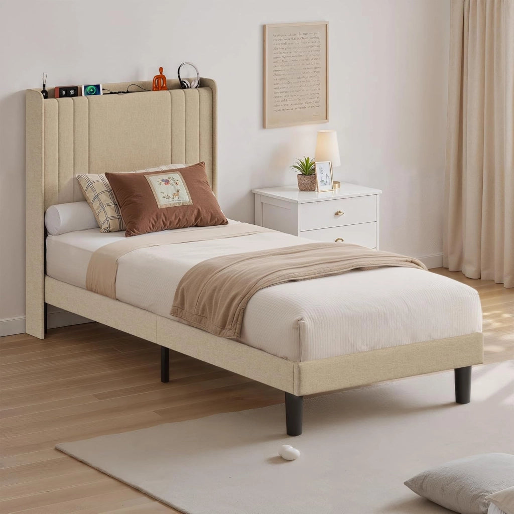 Letto singolo imbottito,PiattaformaStruttura letto,90 x 200CM,con luce LED(2 Prese CA 2 Porte USB),con Testiera,Per le camere degli ospiti e le camere da letto,Beige