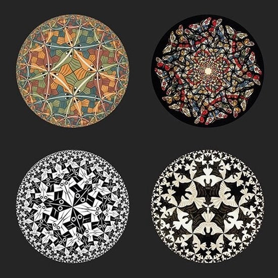 4 pezzi di vetro in un contenitore metallico con immagini di Cirkels di Escher, Ø 10 cm, in una elegante scatola da regalo
