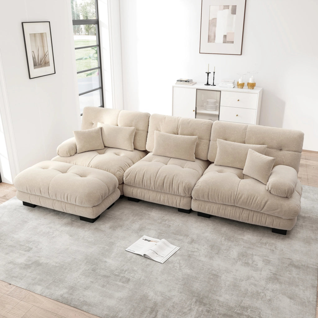 Divano angolare modulare in chenille con ottomane, seduta profonda e cuscini, per salotto, stile moderno, marrone chiaro