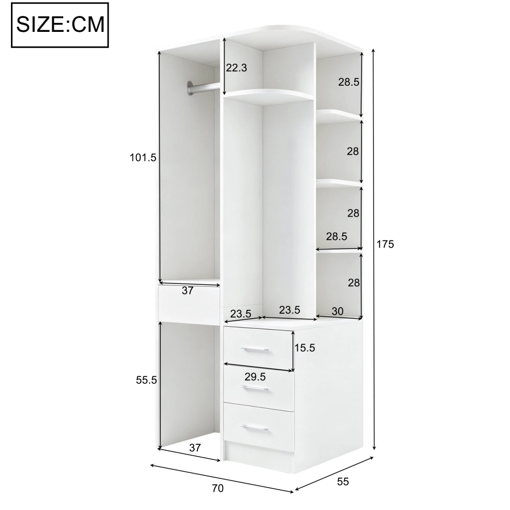 Scaffale autoportante con ripiani aperti, vani chiusi e barra appendiabiti per camera da letto in MDF bianco 70 × 55 × 175 cm