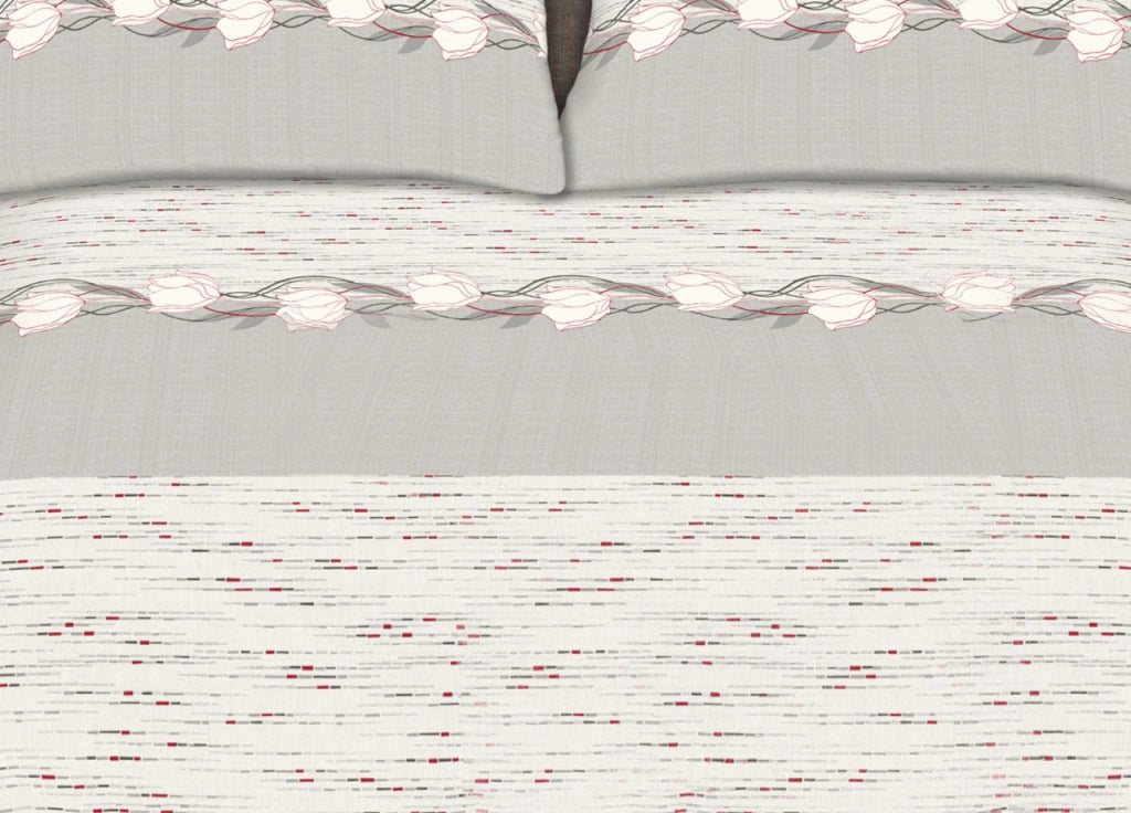 Completo Lenzuola Stiro Facile 100% Cotone Made Italy Effetto Seta Disegno Tulip - Matrimoniale - Grigio