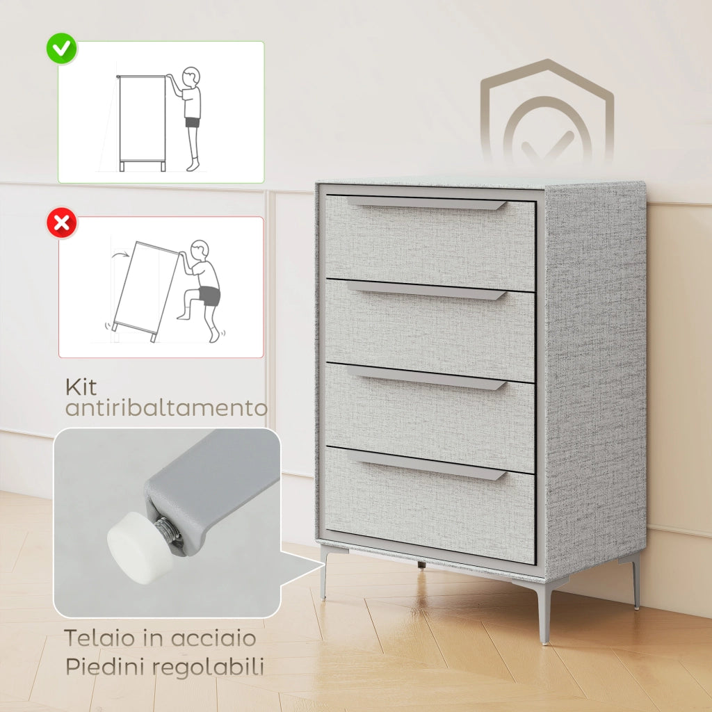 Cassettiera 4 Cassetti ¨C Xylo ¨C Acciaio Tessuto Effetto Lino Grigio 60x36x88 cm