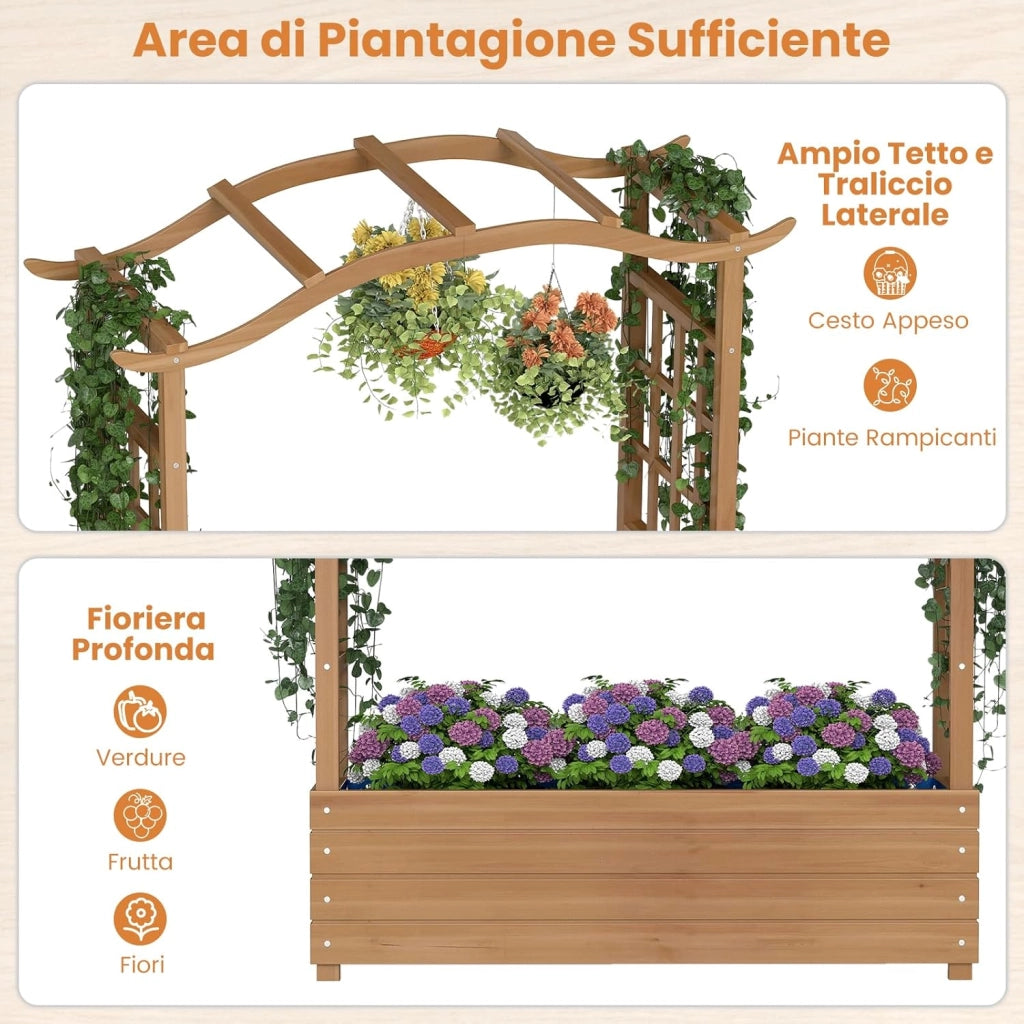 Letto da Giardino Rialzato, Fioriera in Legno con Tetto Sospeso, 2 Tralicci Laterali, Contenitore Inferiore, per Fiori, Verdure e Piante Rampicanti, Aiuola Elevata per Giardino e Terrazzo