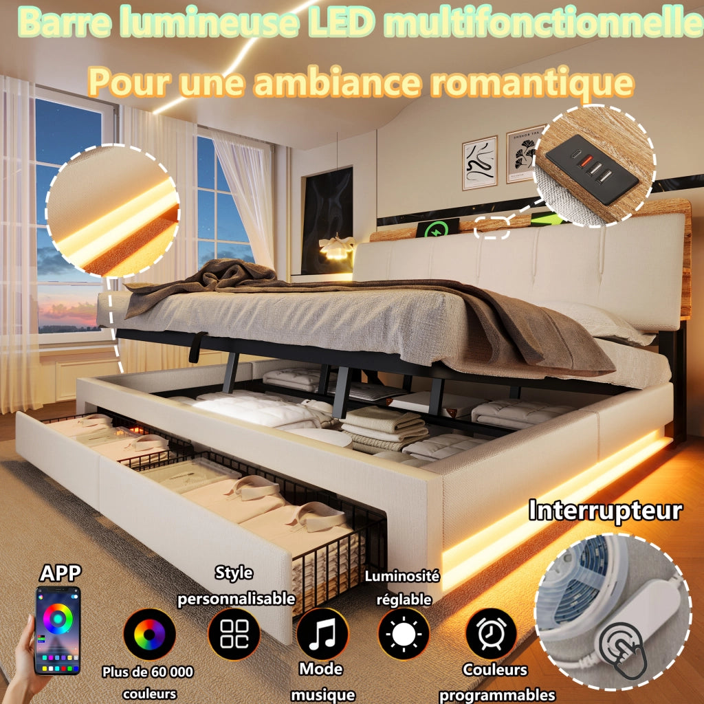 Letto Contenitore 180x200 cm; Matrimoniale - USB; Type-C; LED e Mensole - in Lino - Beige