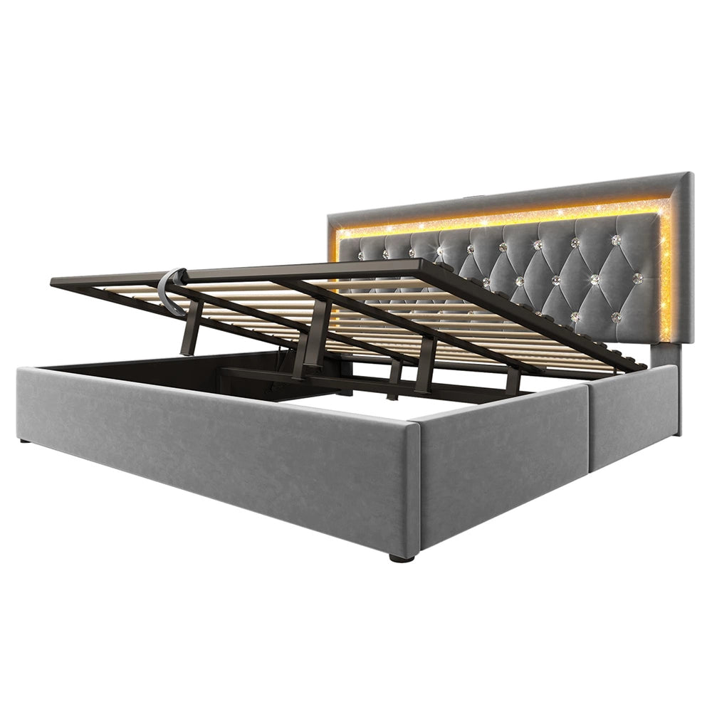 Letto imbottito-Xylo-180x200cm LED diamante USB-C idraulico velluto grigio senza materasso