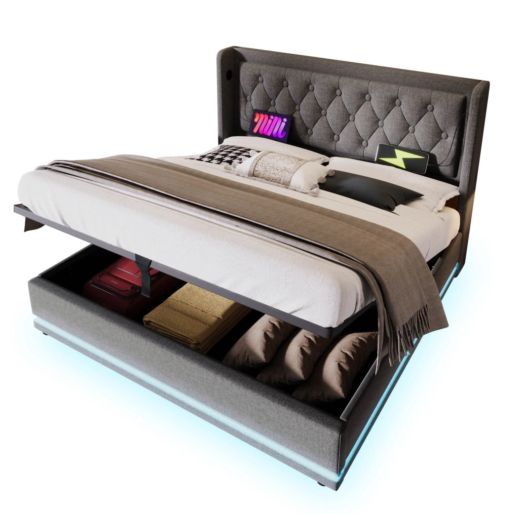 Letto 180x200 cm con contenitore idraulico, LED, USB e USB-C in cotone grigio
