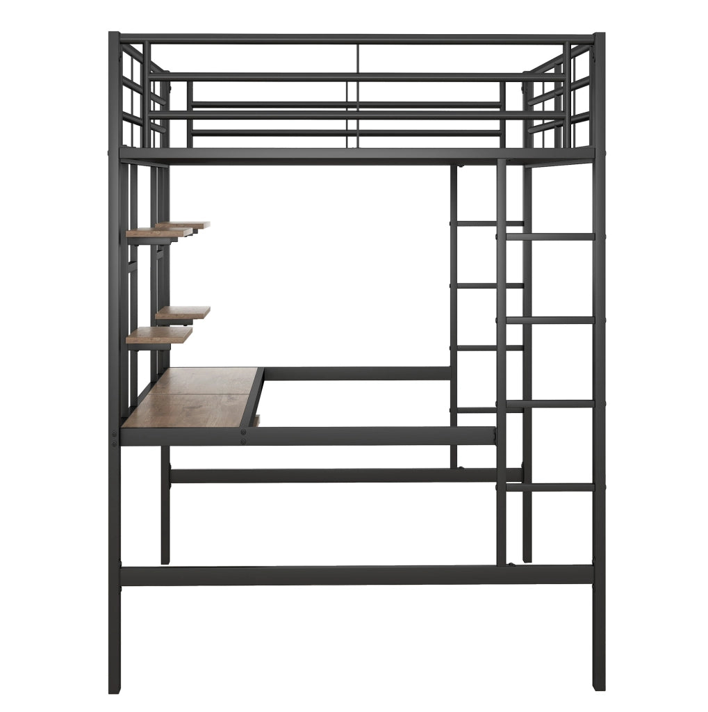 Letto a soppalco 140x200 cm con scrivania e 2 librerie in metallo e MDF nero