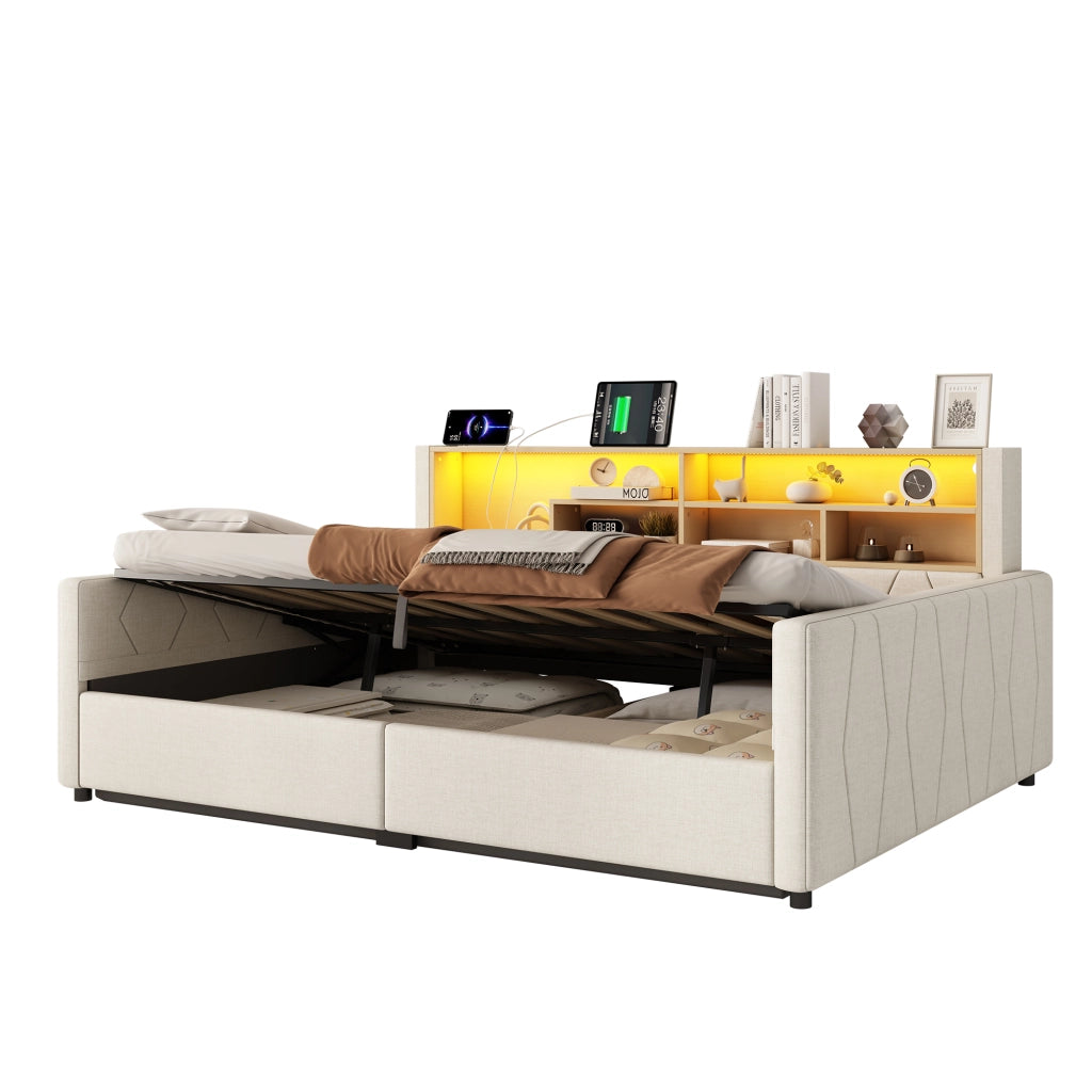 Letto contenitore 140x200 cm beige in lino e MDF con LED e prese USB