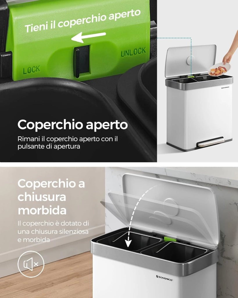 Cestino da cucina, 2 cestini a pedale da 30L in acciaio inox con 15 sacchetti LTB202W01