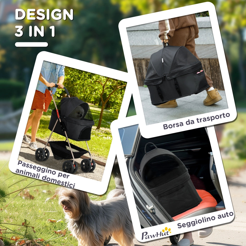 EasyComfort Passeggino per Cani 3 in 1 Pieghevole con Borsa Trasportino e Cestino Inferiore, Nero