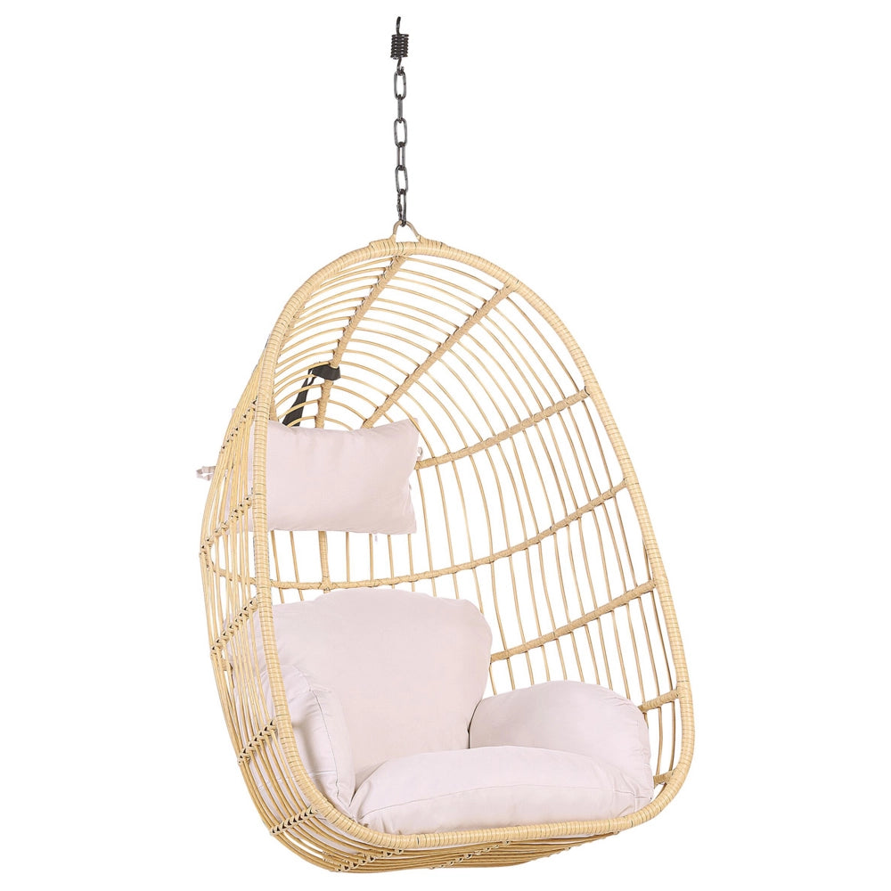 Sedia sospesa poltrona pensile in rattan beige con struttura in metallo a forma di uovo per interni ed esterni Boho
