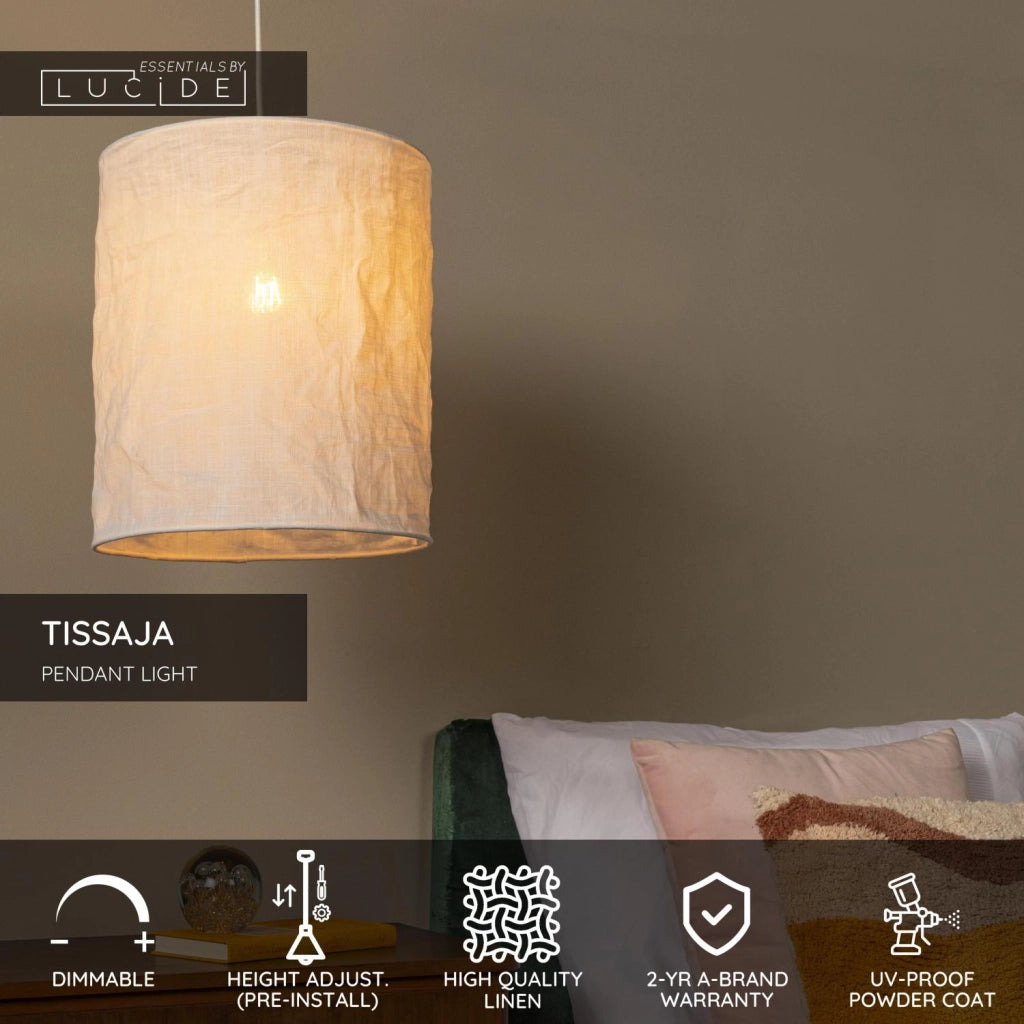 Lampada sospesa TISSAJA bianca lino cilindrica 1xE27