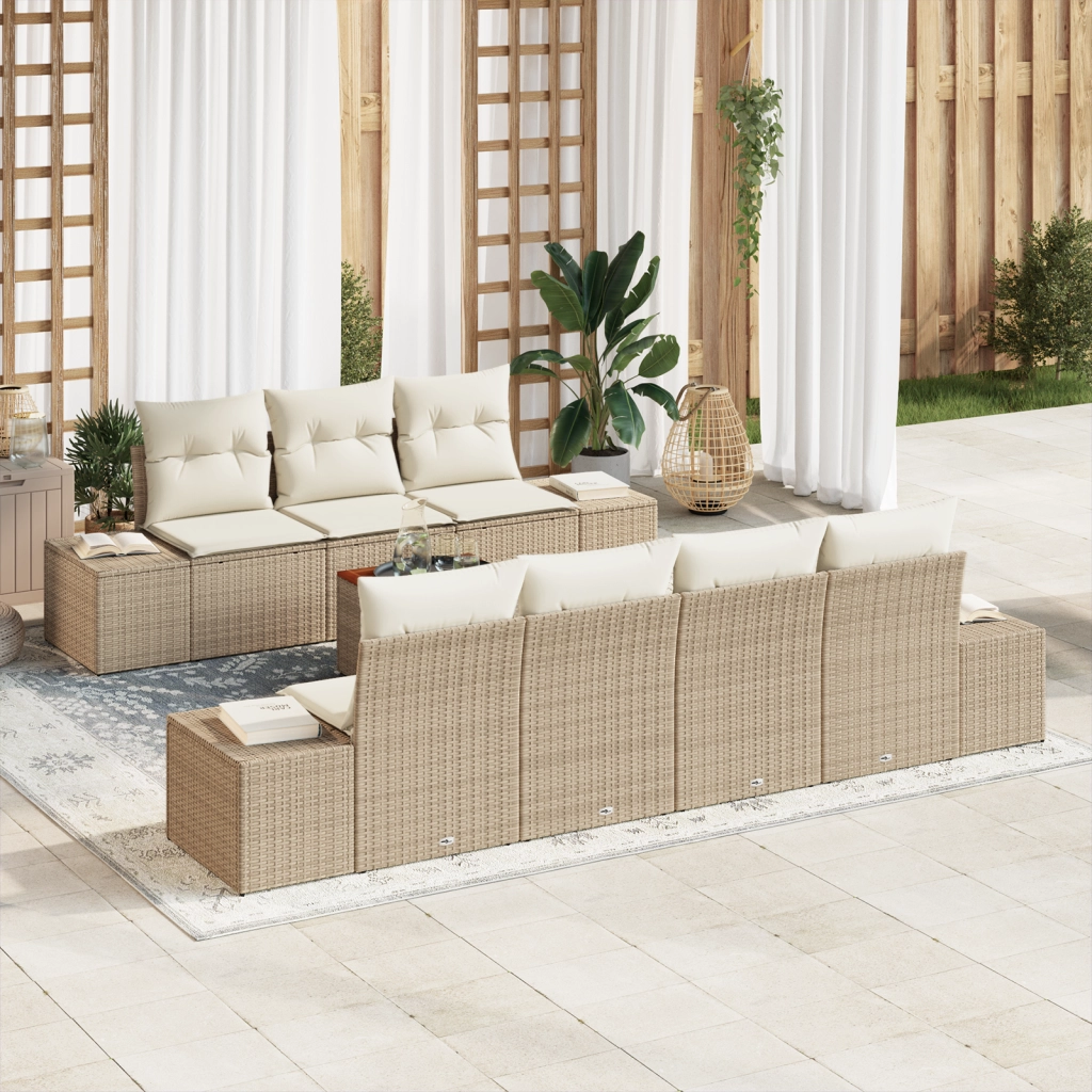 Set Divano da Giardino a 8 Pezzi con Cuscini Beige Polyrattan Acacia