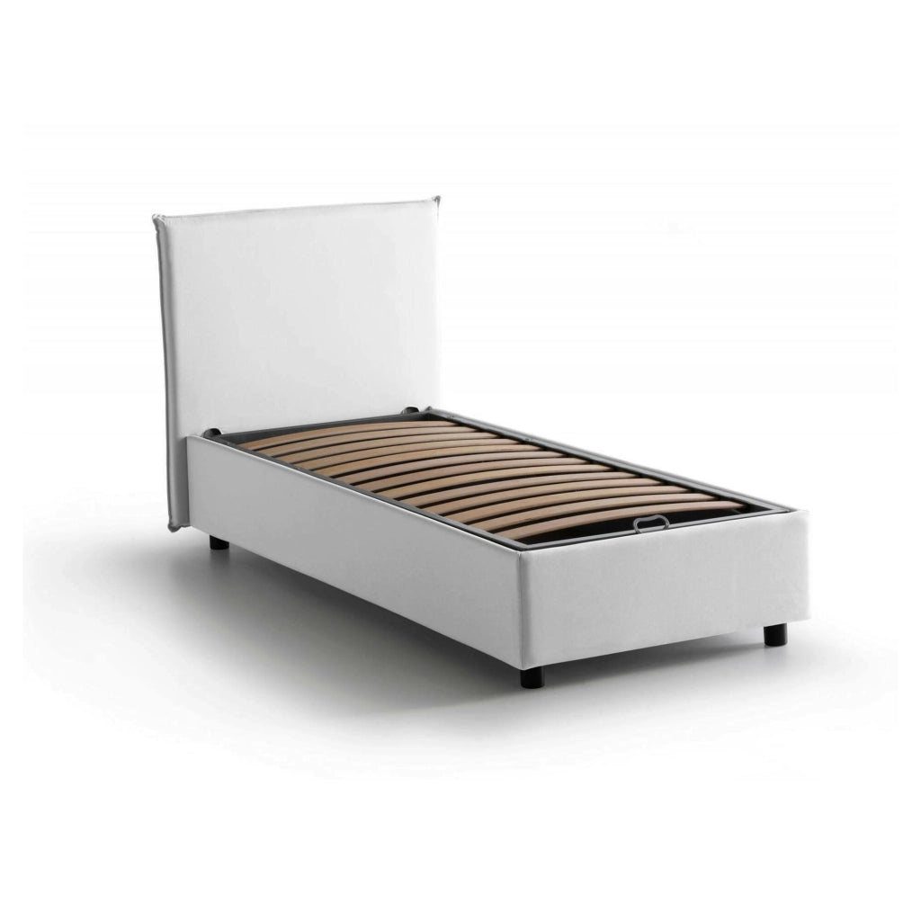 Letto singolo Argentino, Letto contenitore con rivestimento in tessuto, Made in Italy, Apertura frontale, adatto per materasso cm 80x190, Bianco