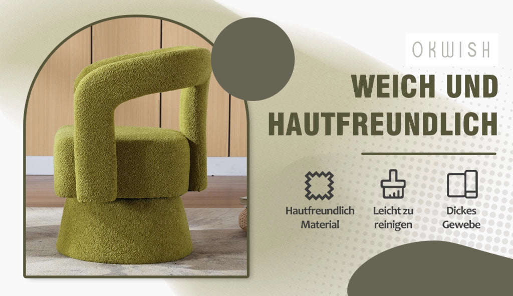 Poltrona girevole 360° in bouclé verde oliva, seduta imbottita con base metallica, per soggiorno e camera da letto