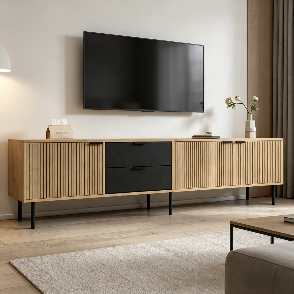 Cassettiera per TV nera e naturale in truciolare lunga 208 cm
