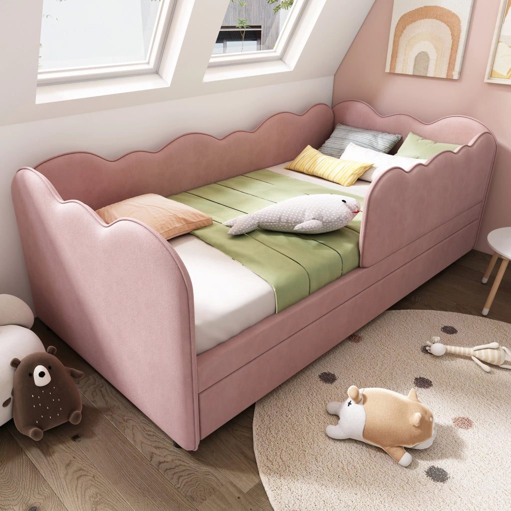 Letto daybed con letto estraibile 90x190 cm in velluto rosa; forma a nuvola