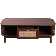 Tavolino da Caffè con 2 Cassetti e 2 Ante Scorrevoli; Rattan; Stile Country; in MDF; Naturale; 110×55×38;5 cm