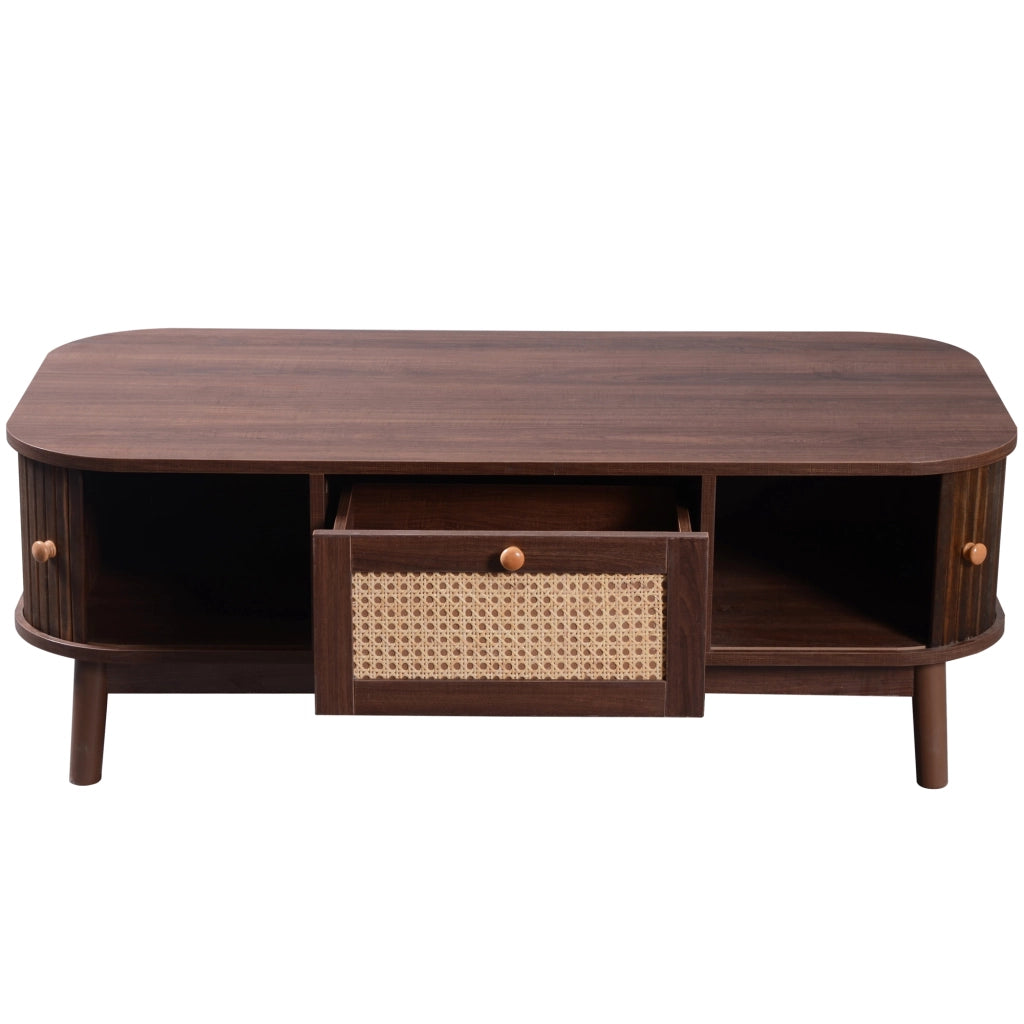 Tavolino da Caffè con 2 Cassetti e 2 Ante Scorrevoli; Rattan; Stile Country; in MDF; Naturale; 110×55×38;5 cm