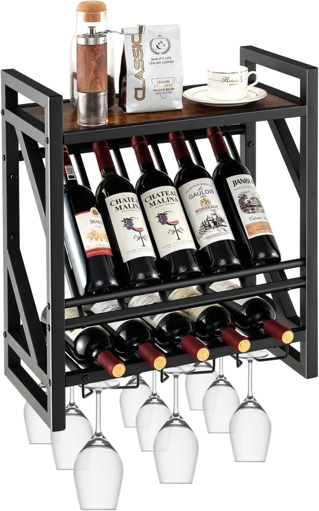 Portabottiglie da Parete, Scaffale Espositivo per Vino Industriale con Portabottiglie a 2 Livelli per 10 Bottiglie, Portabottiglie da Parete Salvaspazio per Cucina, Soggiorno, Sala da Pranzo