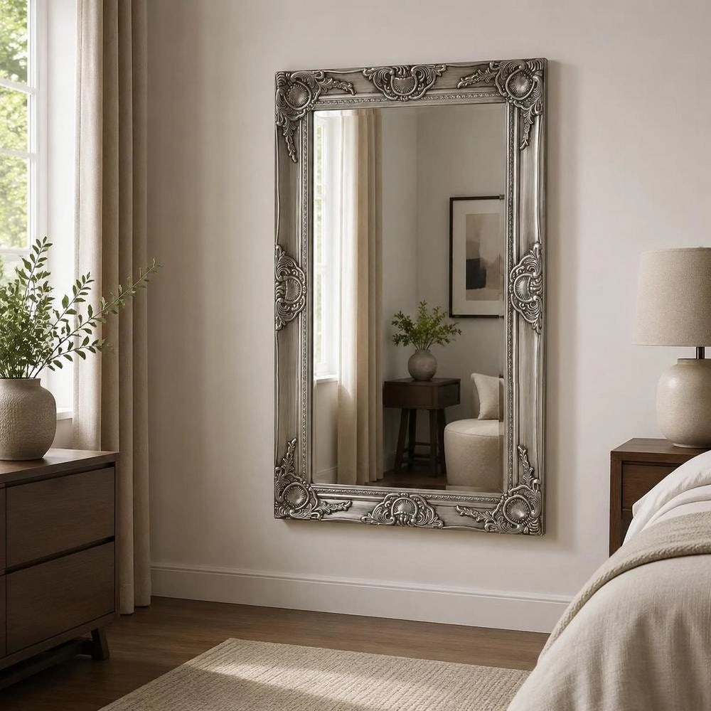 Baroque-style Wall Mirror, 50x80 Cm, Silver
