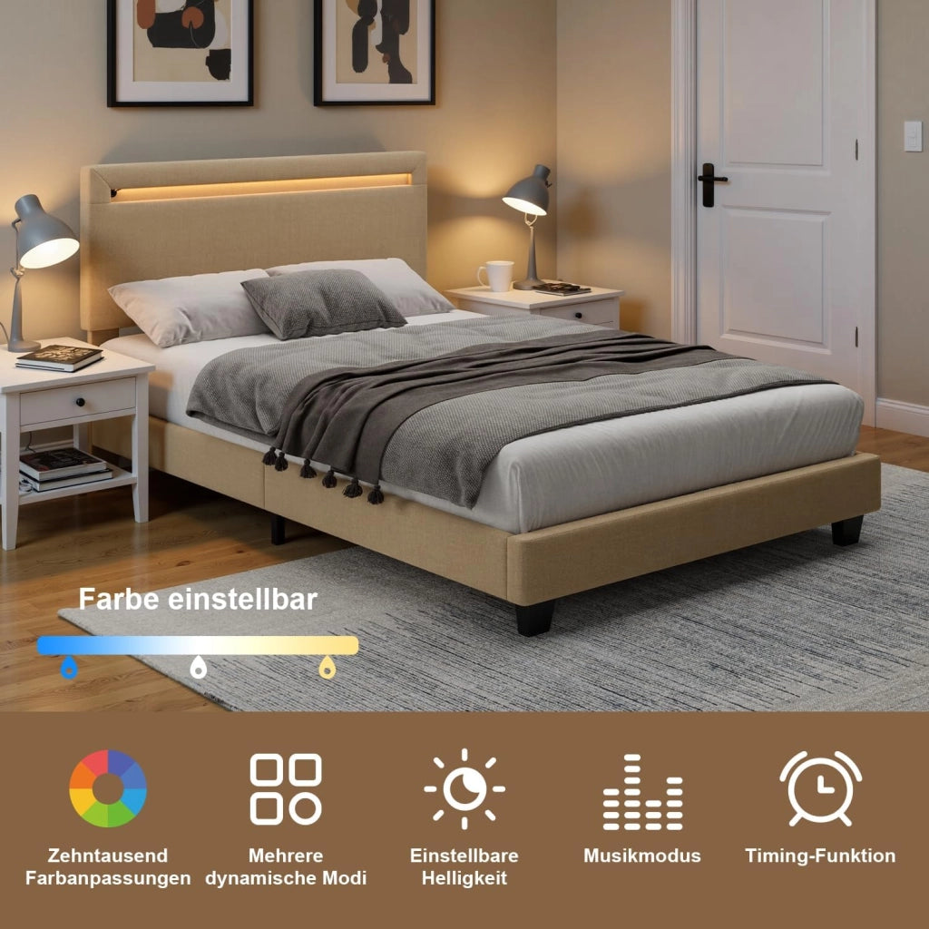 Letto imbottito 120x200cm con luce LED, Letto a piattaforma imbottito, Struttura in ferro, Testiera imbottita, Bse robusta, Adatto per camere degli ospiti (Beige)