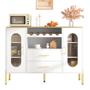Credenza con 2 Ante in Vetro; 2 Cassetti e Portabottiglie; Maniglie Dorate; Piede Regolabile; in MDF; 120??38??90 cm; Bianco