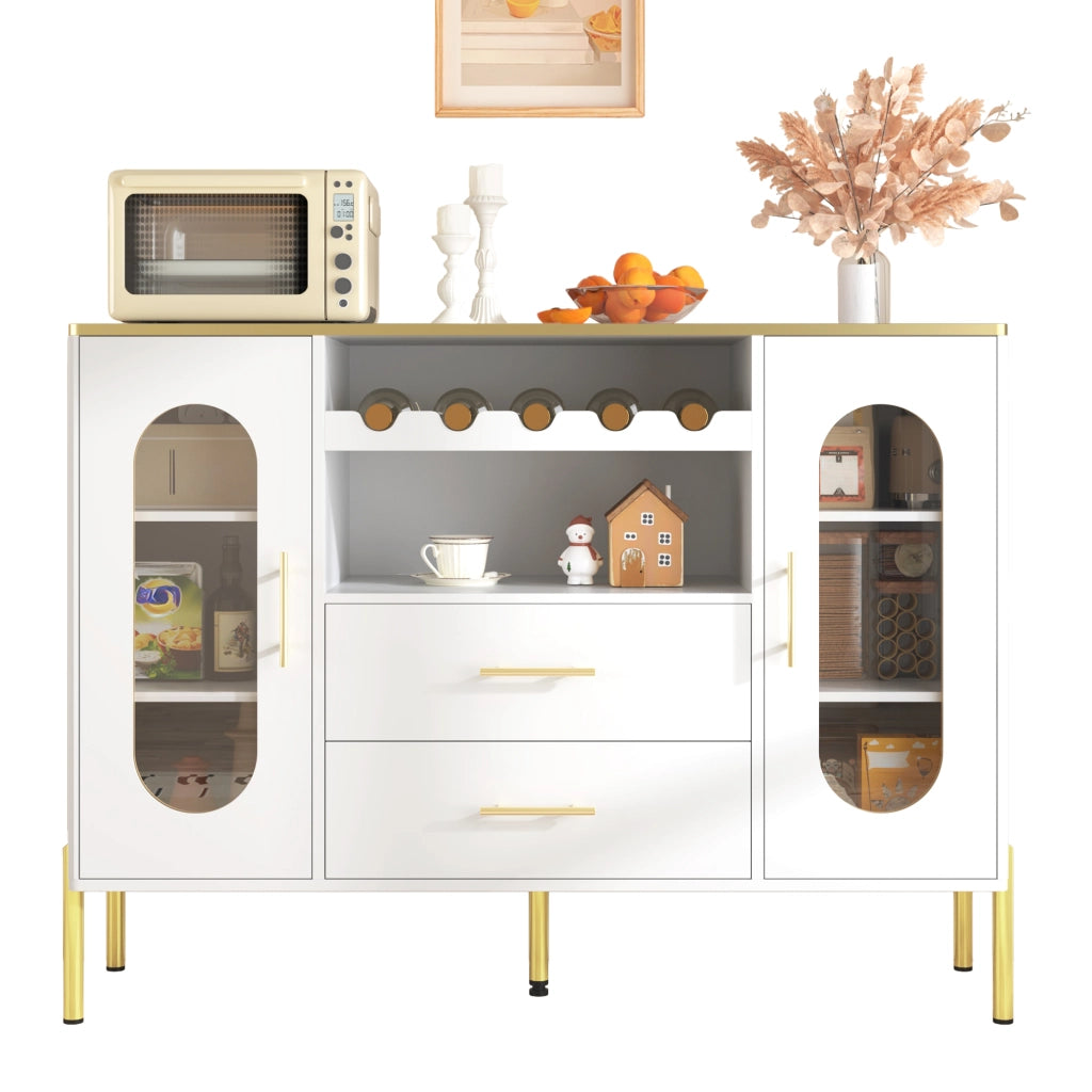 Credenza con 2 Ante in Vetro; 2 Cassetti e Portabottiglie; Maniglie Dorate; Piede Regolabile; in MDF; 120??38??90 cm; Bianco