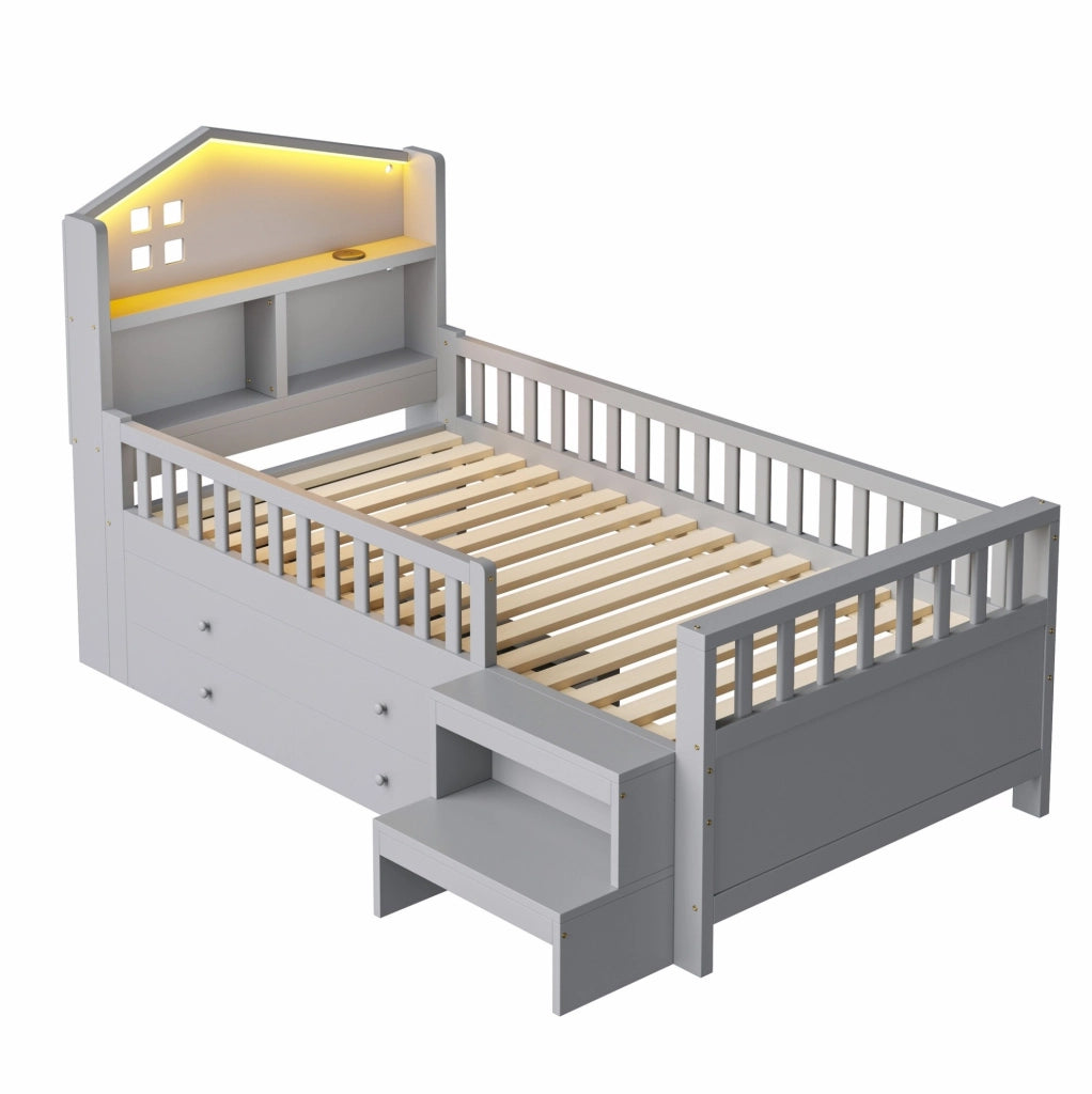 Letto per bambini 90x200 cm con 4 cassetti, LED, USB e USB-C grigio