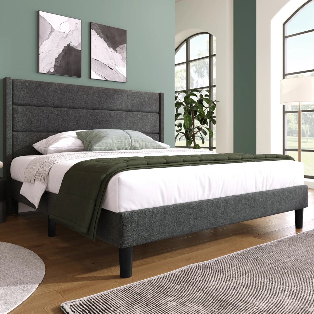 Letto matrimoniale imbottito 140x200 cm con rete a doghe e materasso 7 zone; lino grigio