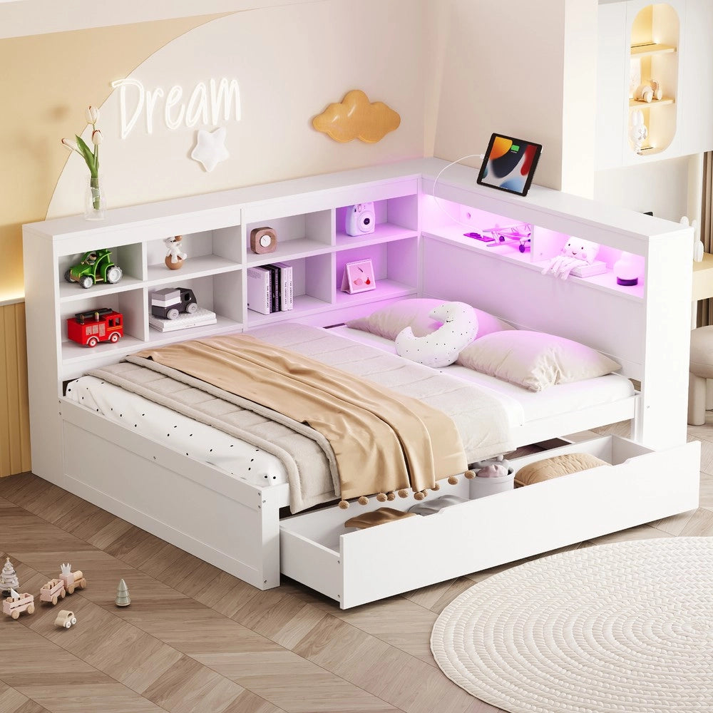 Letto Contenitore in Legno Massello con LED e USB ¨C Xylo ¨C Bianco 140x200