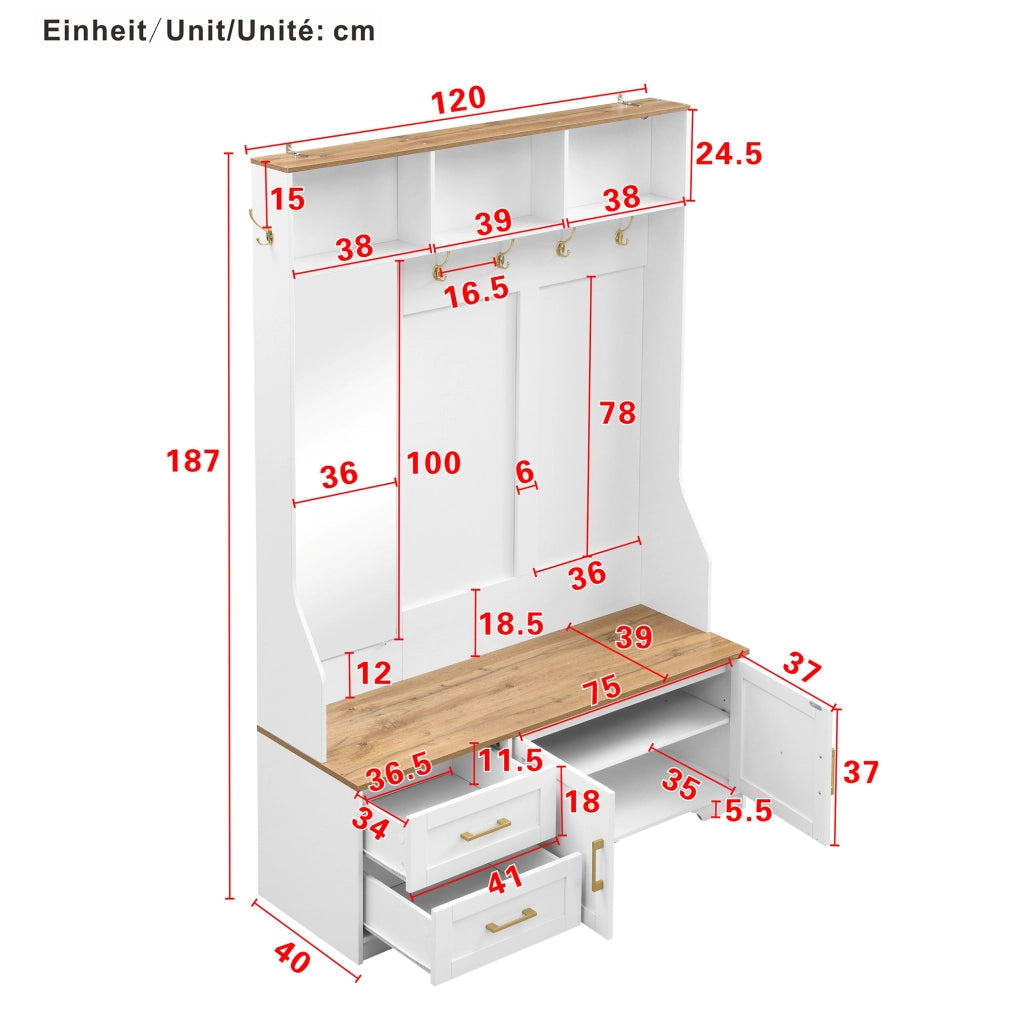 Mobile da ingresso portascarpe 120x40x187 cm MDF bianco con LED， specchio e vani
