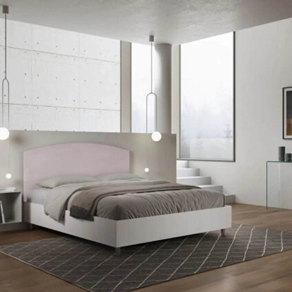 Letto matrimoniale con rete 160x200 bianco frassino testata microfibra glicine Antilia