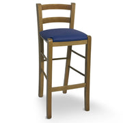 Sgabello in legno noce chiaro con schienale h 66 cm con seduta in similpelle blu